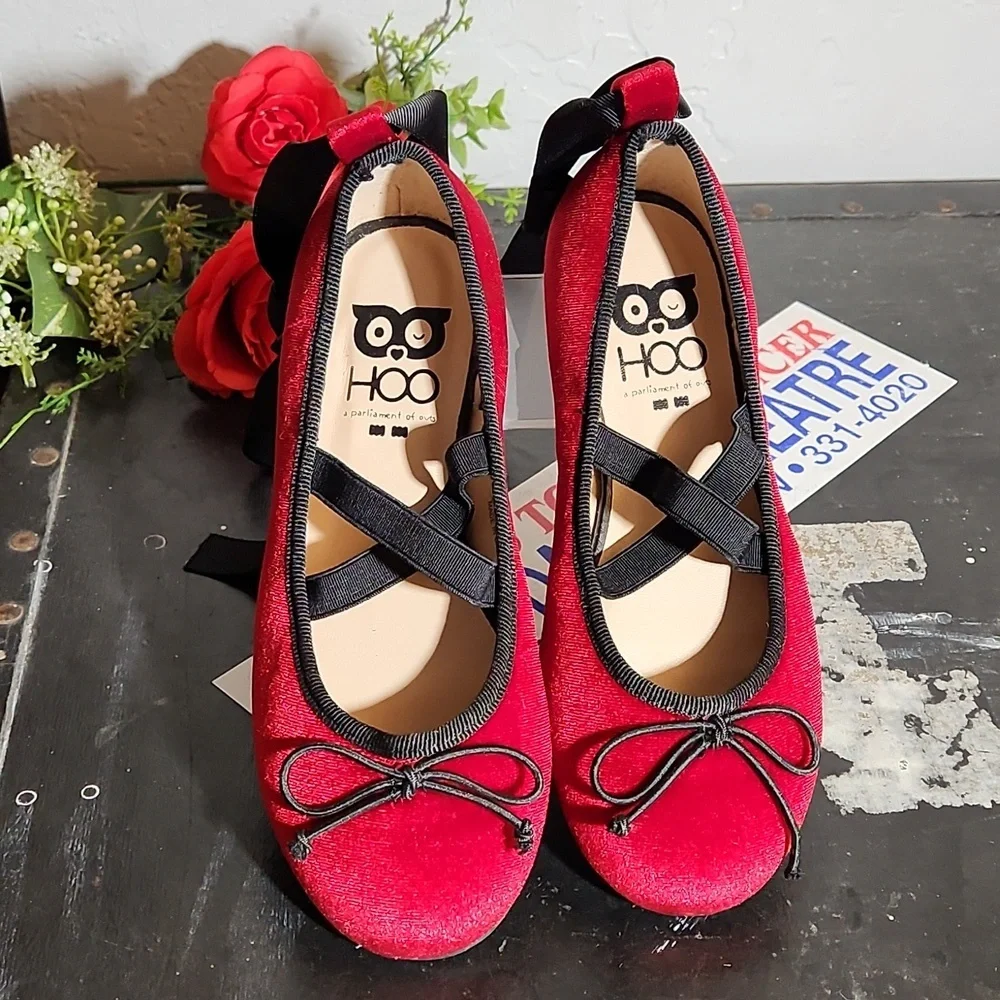 HOO Ted Velvet Ballerina Flats Bow Detachable Ribbon Tie Slip On Flats C…